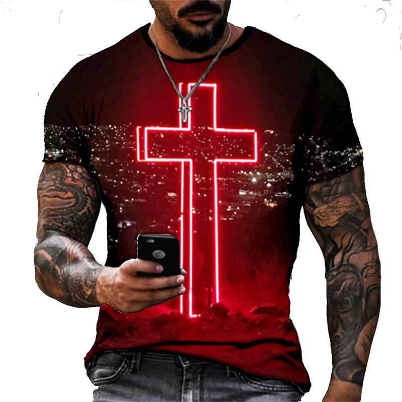 God Bless Vintage Jesus Christ T Shirt For Men 3D Print Men\'s Oversized Camiseta  Short Sleeve Top Tee