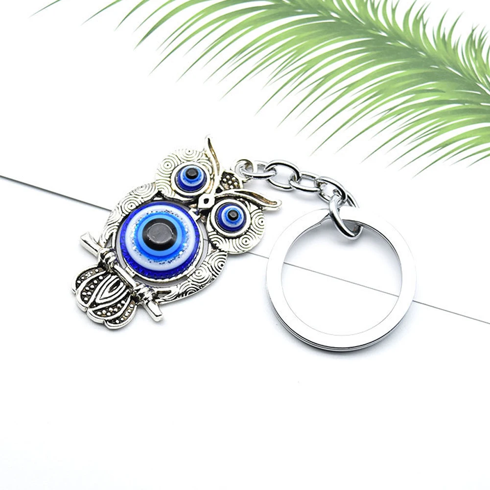 Lucky Eye Alloy Owl Animal Keychain Blue Turkish Evil Eye Pendant Car Key Chain Phone Charm Keyring Jewelry Protection Amulet