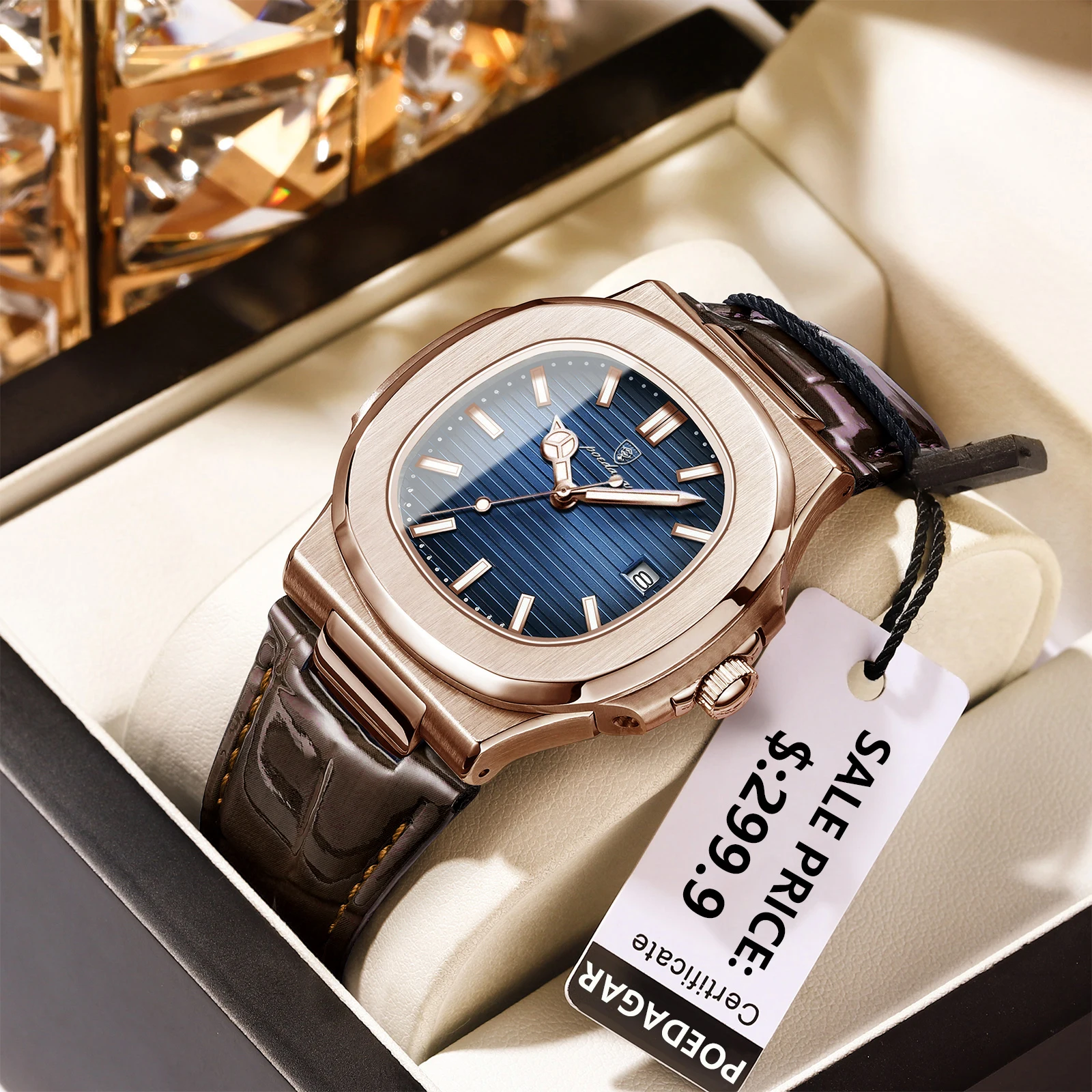 POEDAGAR Luxury Business Men's Wristwatch Date Waterproof Luminous Leather Man Watch Fashion Square Quartz Watches For Men Reloj