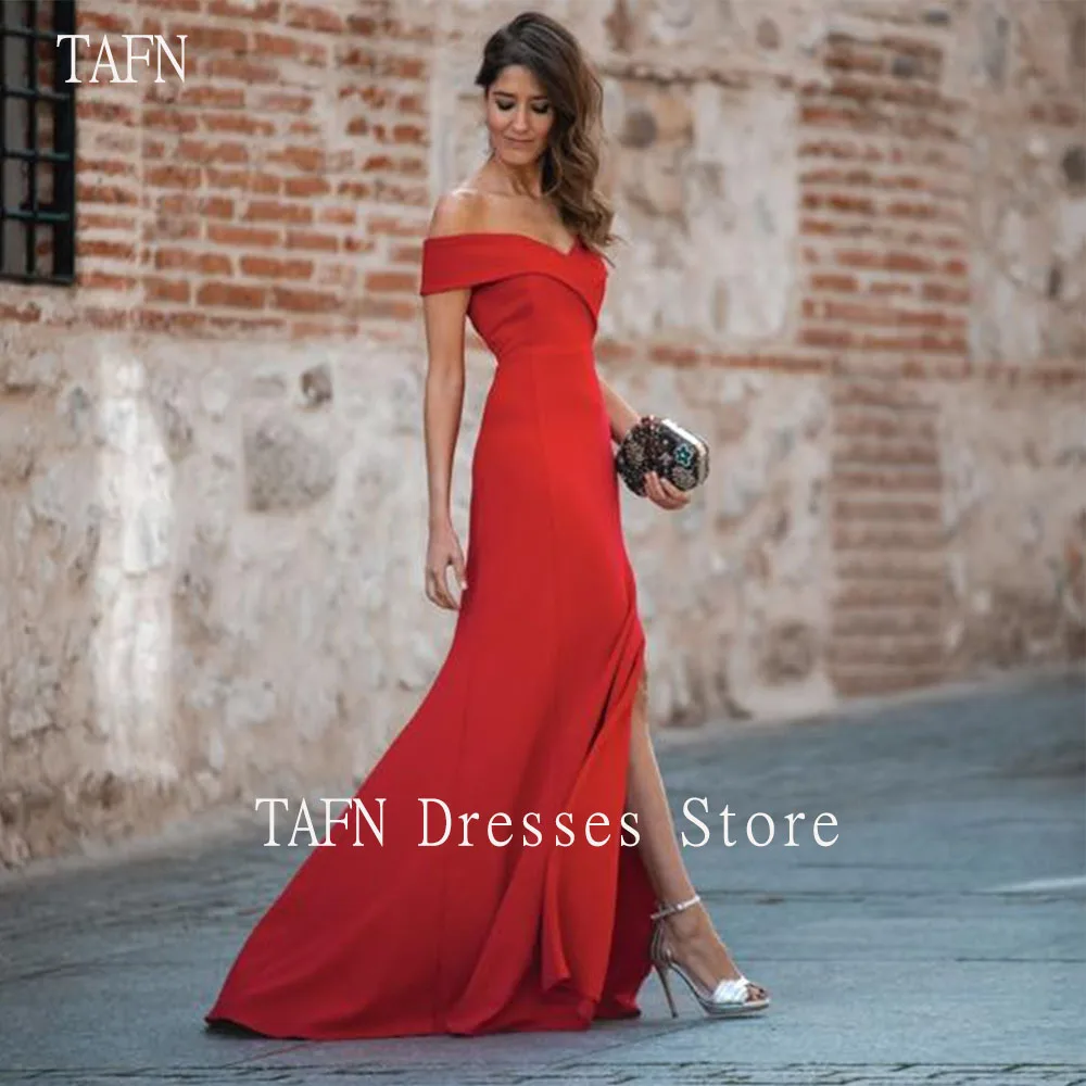 

TAFN Red Formal Evening Dresses Off the Shoulder Side High Slit Long Sexy Prom Party Gown vestidos de fiesta