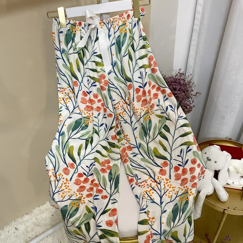 Plus Size Sleeping Trousers Ladies Thin Cotton Silk Flared Trousers Lily Worn Outside Rayon Trousers Girl Cute Sweet Homewear