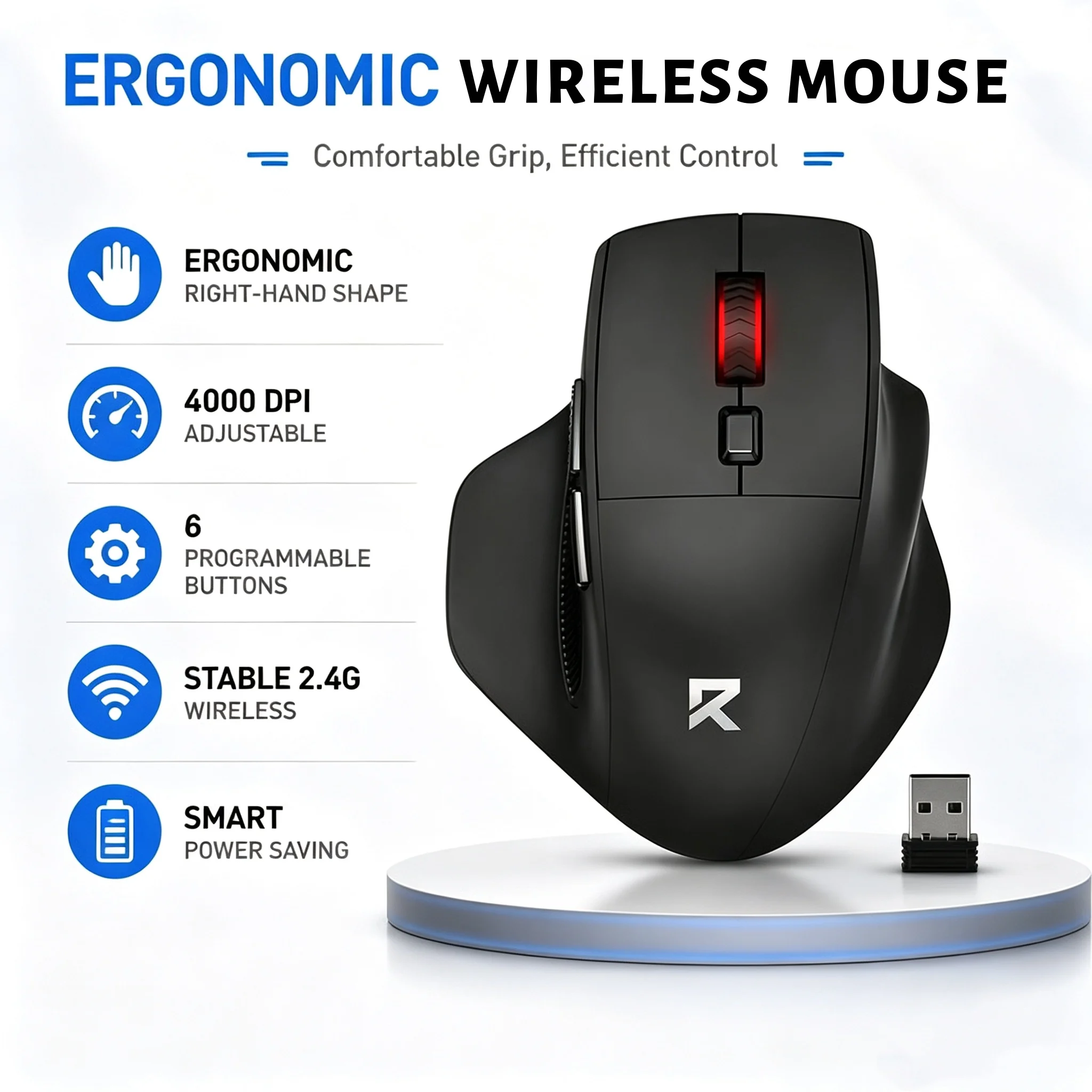 2,4 GHz ergonomische, kabellose optische USB-Maus mit 6 Tasten, 4000 DPI, in voller Größe, geeignet für Laptops, PCs und Chromebooks