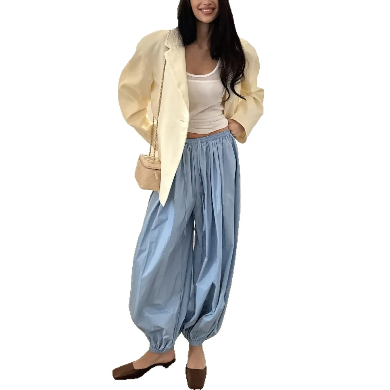 XIZOU Summer Fashion Pocket Bloomers Female Trousers Pleated Loose High Waist Patchwork Bandage Streetwear Wide Leg Women Pants