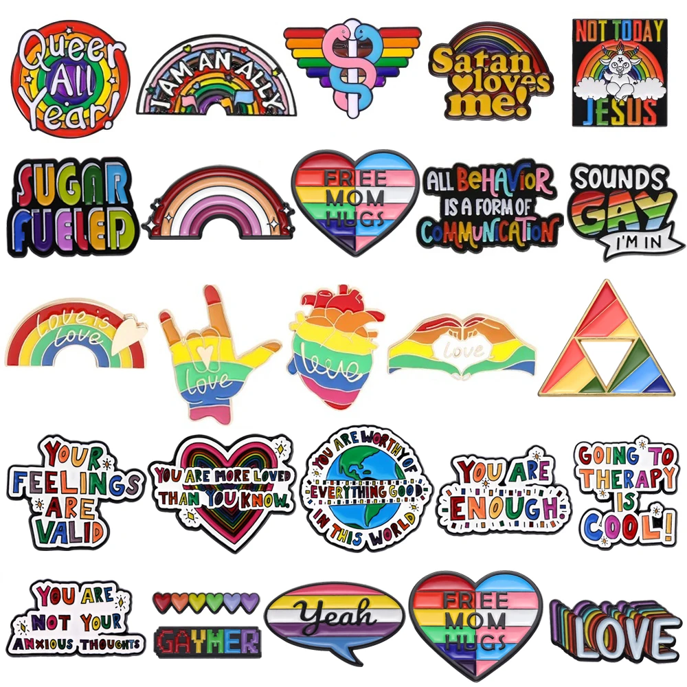 

Creative Rainbow Enamel Brooch Rod Satan Jesus Gay You Are Enough Heart Game Letter Heart Rainbow Metal Badge Punk Pins Jewelry