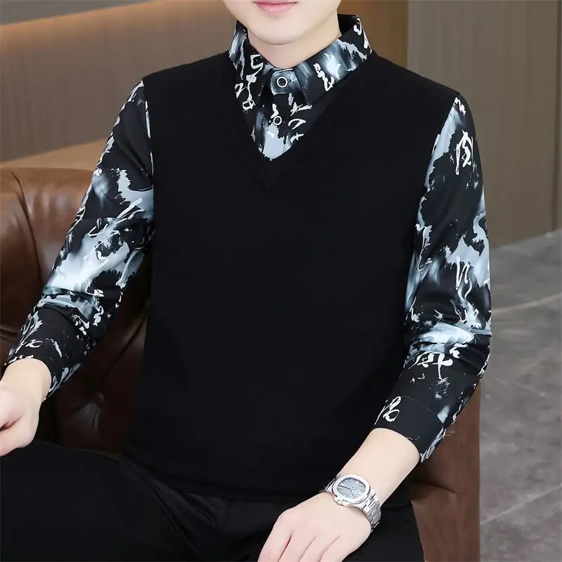 

Мужской зимний теплый вязаный свитер с V-образным вырезом, свободного кроя, с градиентным цветовым переходом, повседневный, универсальный, удобный топ