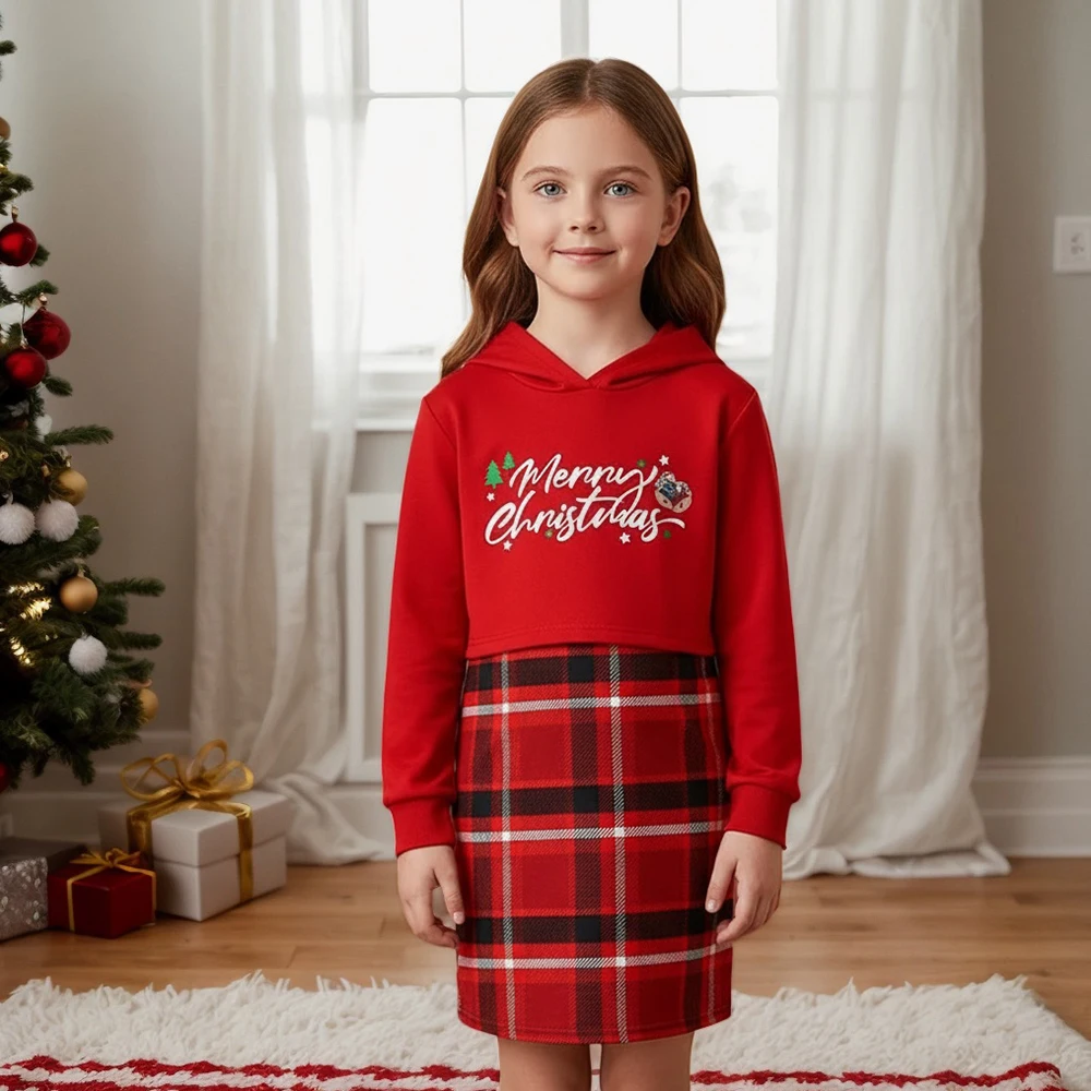 

2Pcs Girls Christmas Outfit Set – Hooded Long-Sleeve Top with “Merry Christmas” Print & Plaid Suspender Skirt, Children's Sets