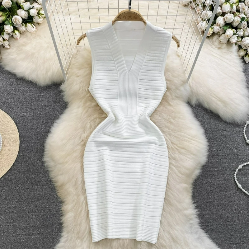 

Мини-платье-футляр, женское вязаное облегающее платье без рукавов, вечерние однотонные элегантные женские платья с v-образным вырезом и запахом на бедрах, лето 2025