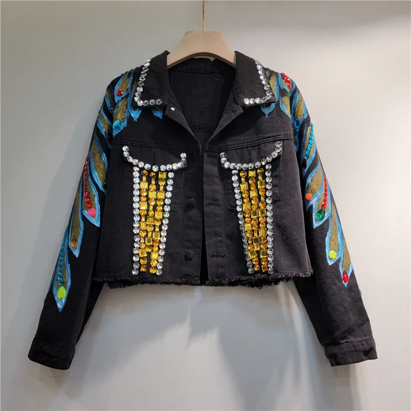 Handmade Beaded Short Denim Jacket for Women 2024 Spring and Autumn Lapel Single Breasted Long Sleeve Painted Coats Female