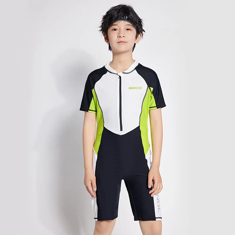 Teenager Boy One Piece Swimsuit Short Sleeves Solid White and black Color Patchwork Beach Wear Kids Student Bathing Suit 12-18Y