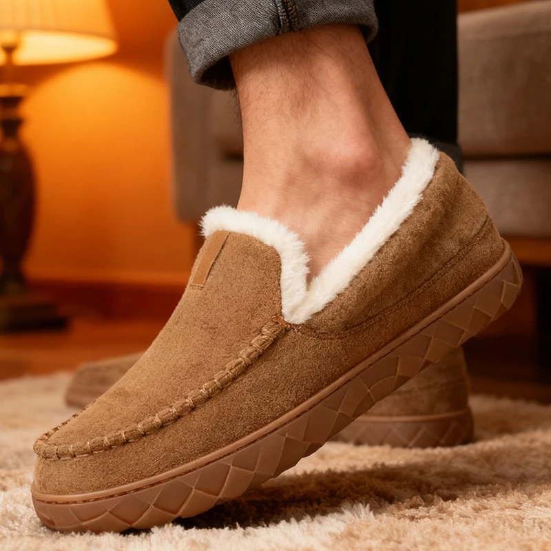 Men Slippers Winter Warm Plush Comfortable Luxury House Indoor Bedroom Cotton Shoes Suede Sewing Casual Slippers Big Size