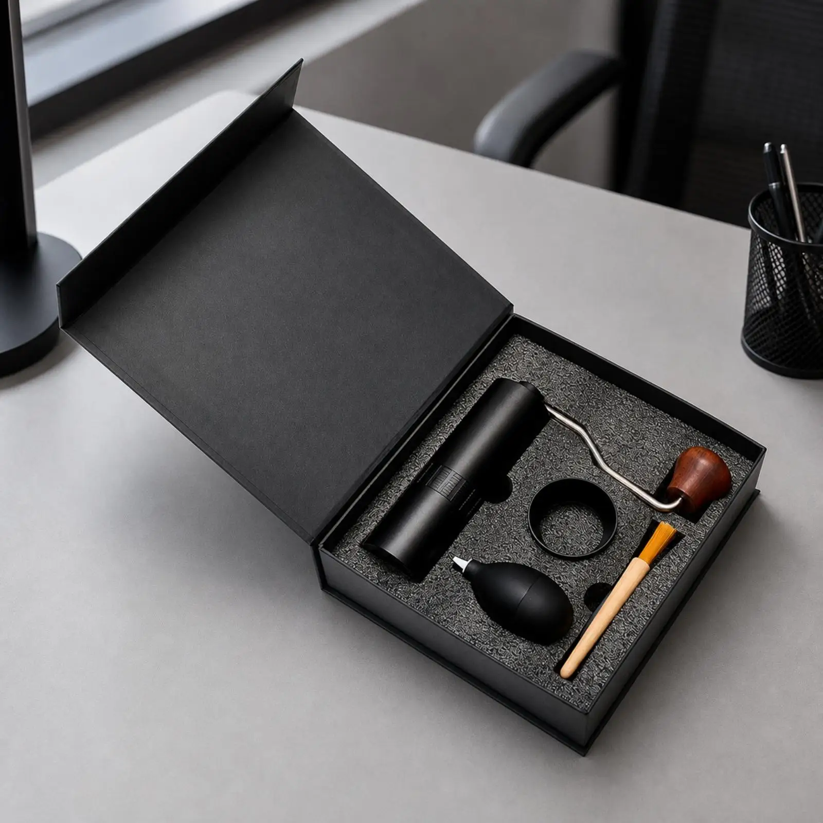 Portable Manual Coffee | Textured Metal Body, Coffee with Stainless Steel Burr, for Travel