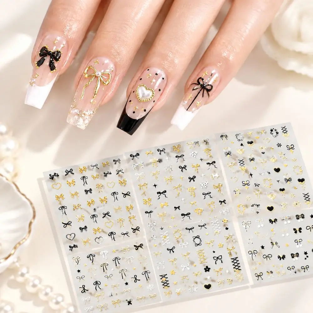 6Pcs Fashion Y2K Nail Transfer Stickers Black White Gold Bow Chain Pattern Nail Decals For Daily Art Nail Embellishments