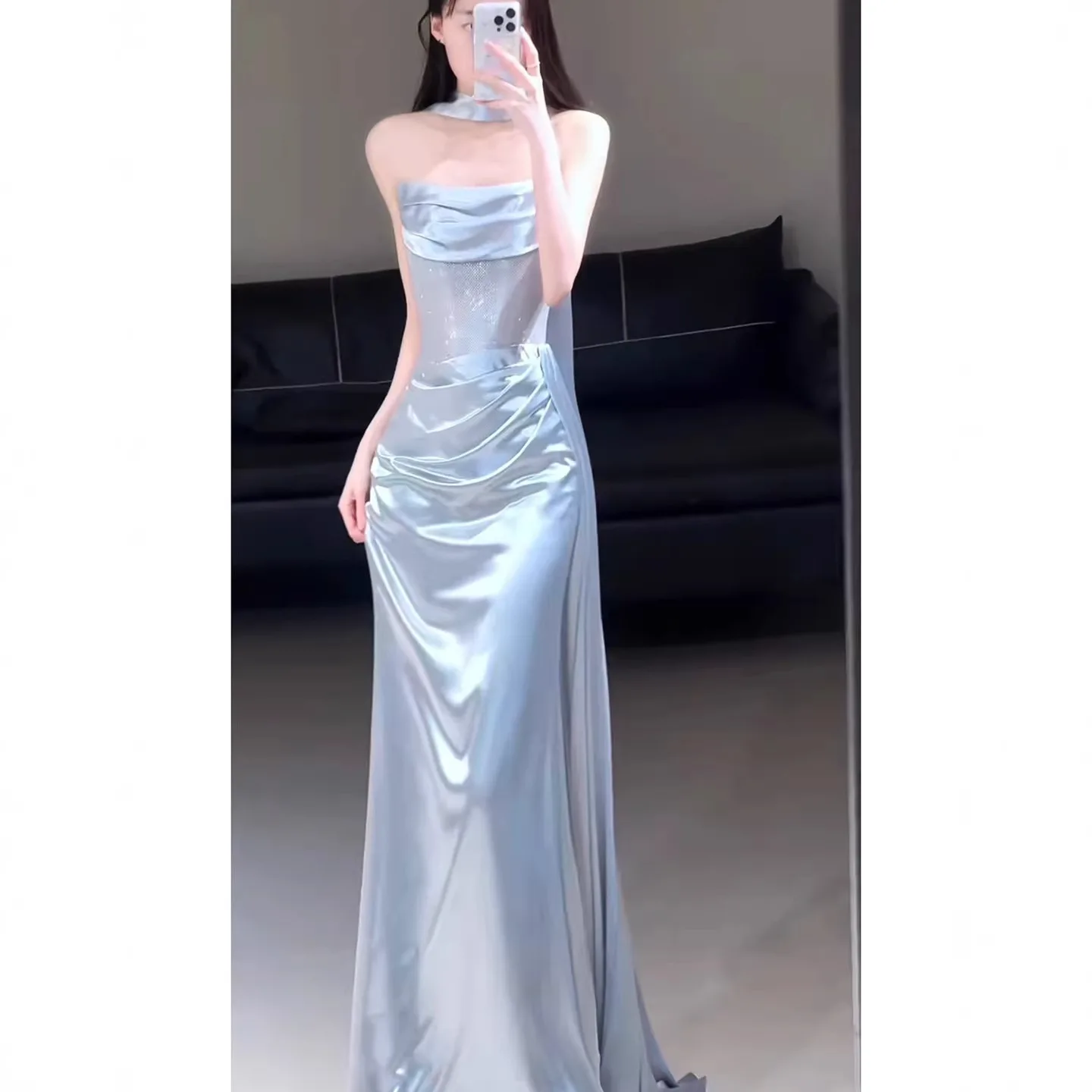 

Blue Wedding Morning Robe Strapless Evening Gown Women's 2026 New High-End Lightweight Ball Elegance Lady Fish Tail Skirt
