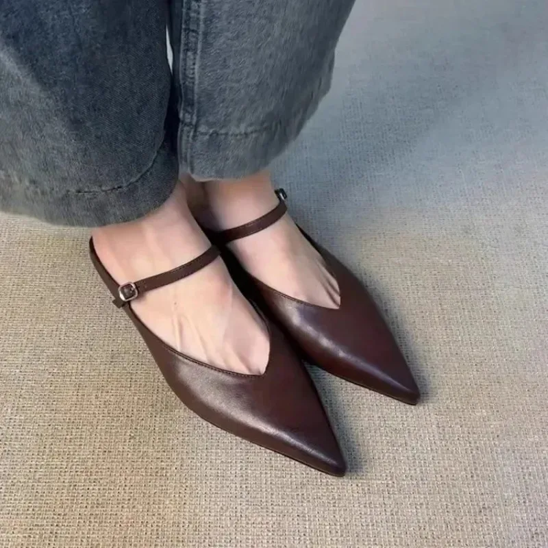 

Lamb Skin Version Pointed Toe Thick Heel Head Cover Half Slippers Fashionable French Vintage Single Buckle Strap Mules