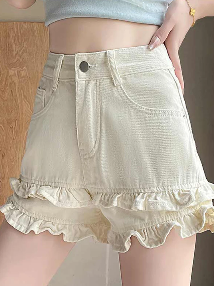 

Women 2025 Summer Straight Leg A-line Design Retro High Waisted Double Layered Ruffled Edge Patchwork Denim Short