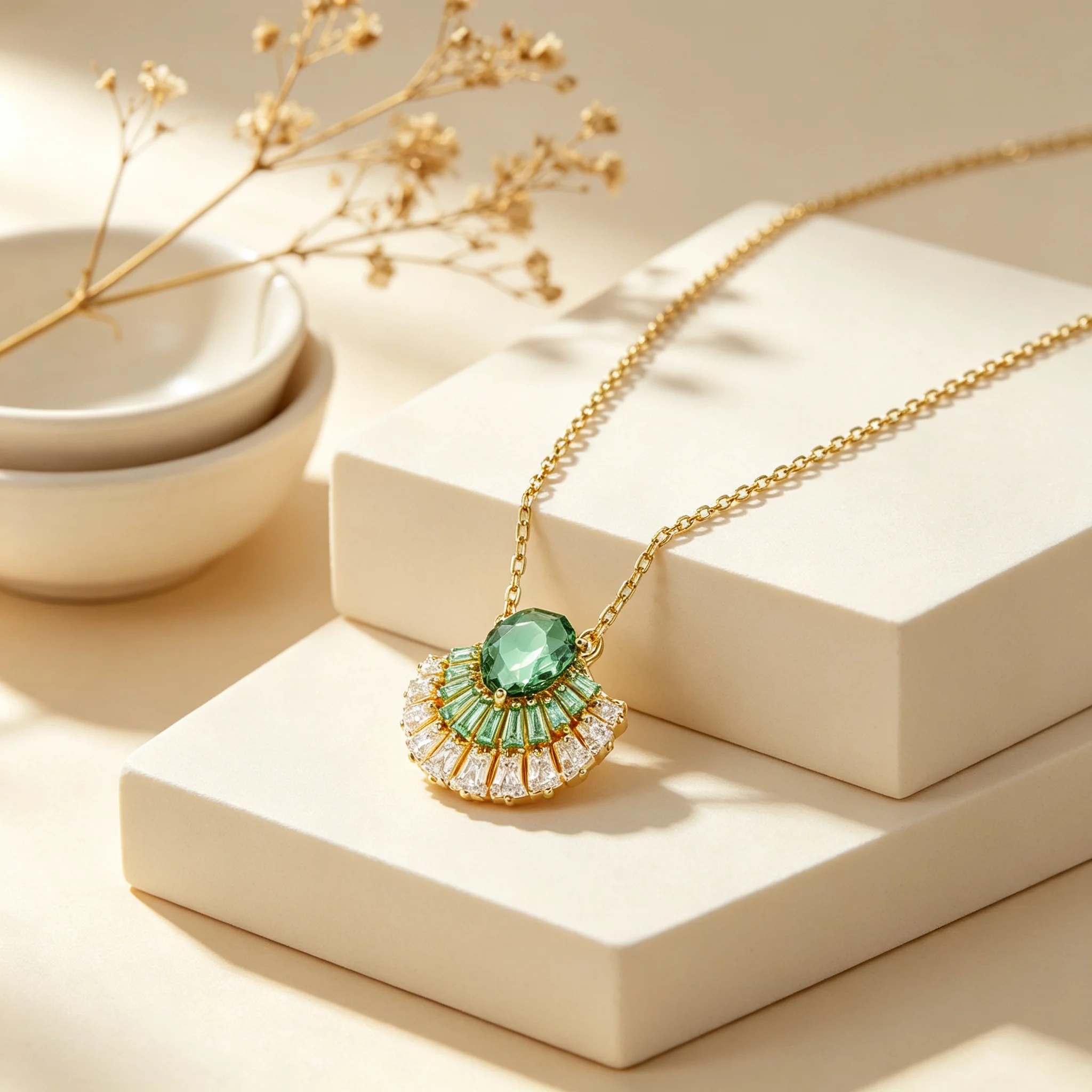 Multi layer pink ladder diamond fan-shaped pendant necklace with gold base and green main stone fan-shaped earrings
