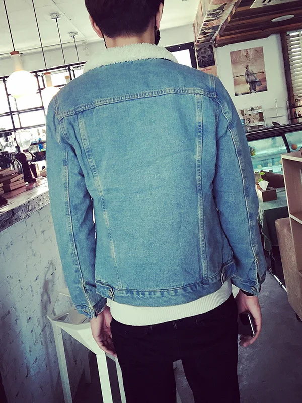 جاكيت دنيم مبطن بالصوف السميك للرجال، معطف قطني سميك بتصميم عتيق مع ياقة فرو، ملابس علوية عصرية للشباب