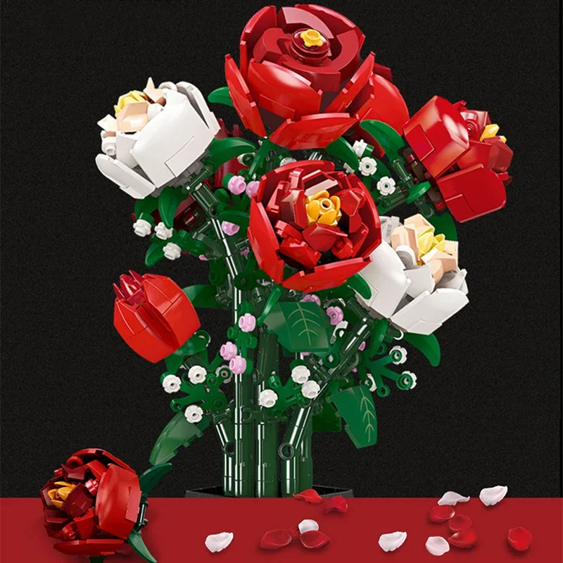 

818PCS Idea Gardening Building Block Red Rose Educational Toy Eternal Flower Potted Plant Construction Brick Collection for Girl
