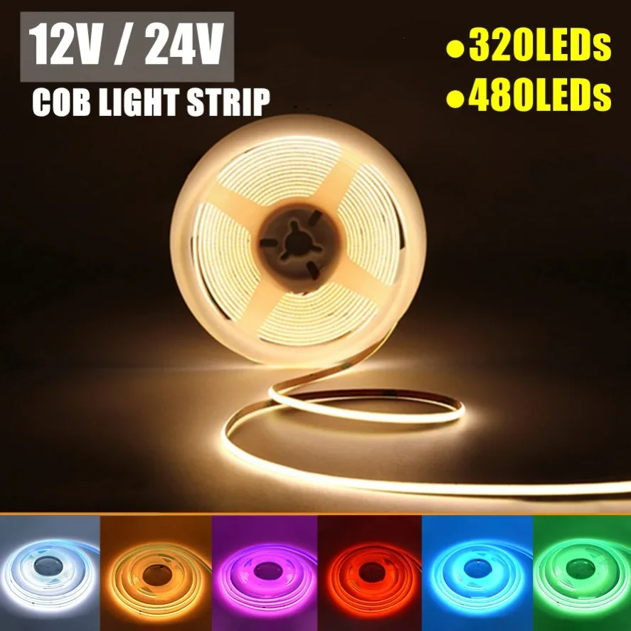 320 480LEDs/m 12V 24V COB LED Strip Light Colorido 8mm Faixa de luz RA95 flexível de alta densidade para decoração de parede de quarto de TV