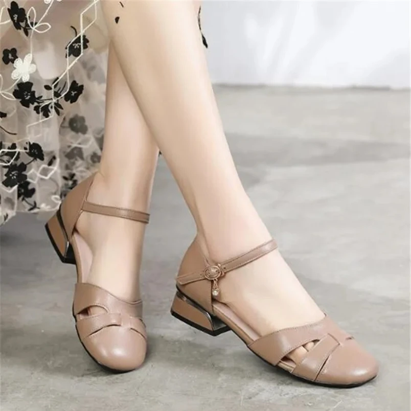 

2025 сандалии из натуральной кожи с круглым носком, женские босоножки на толстом низком каблуке, новые летние элегантные модные сандалии большого размера