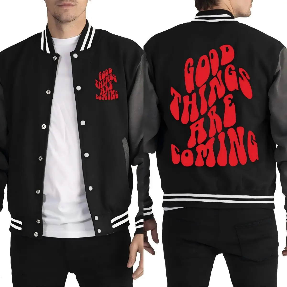 

Good Things Are Coming Art Letter Prints Jackets Men Casual Pocket Baseball Uniform Fashion Loose Top Autumn Fleece Clothes