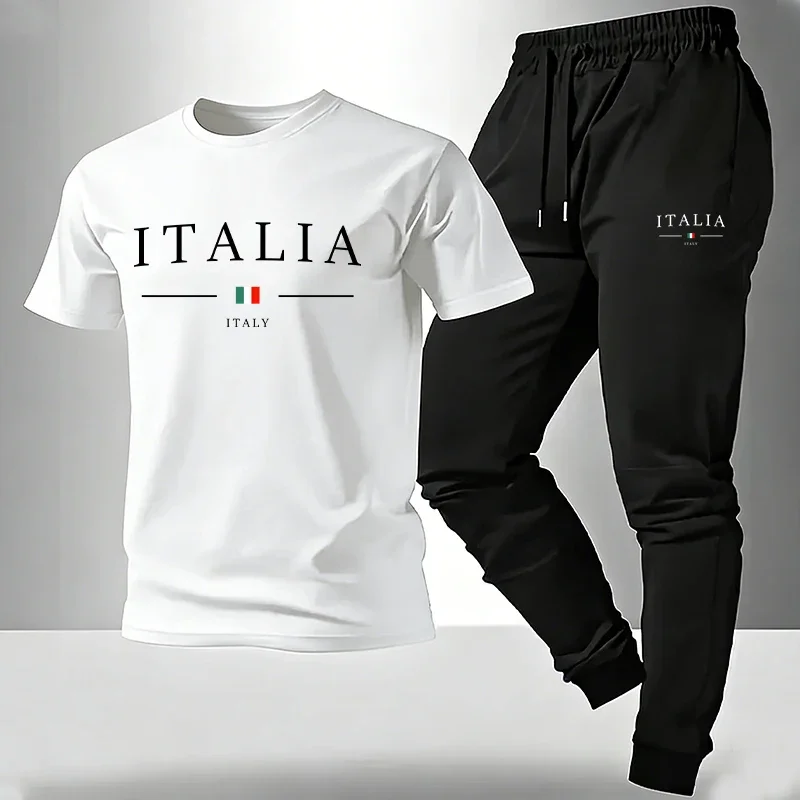 

Мужской комплект для дома и улицы 2026: футболка и спортивные брюки с итальянским принтом, летний костюм с коротким рукавом, размеры S-3XL