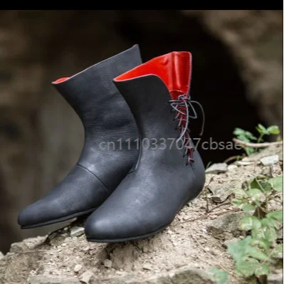 Men Retro Medieval PU Leather Shoes Renaissance Lacing Ankle Boots Victorian Knight Cosplay Costume Boots For Halloween Carnival