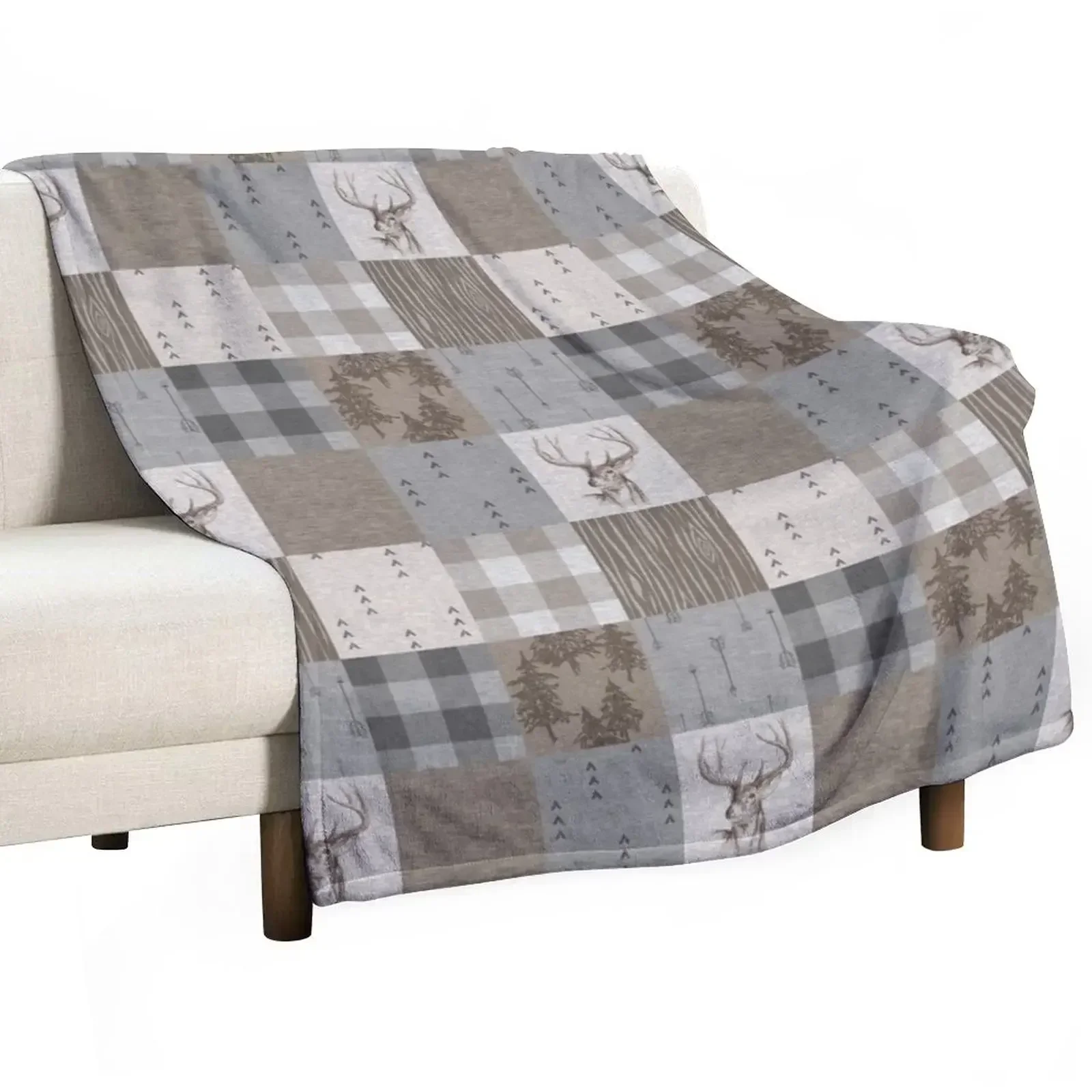 

Deer Patchwork - Rustic Neutrals Throw Blanket Summer Beddings Shaggy Blankets