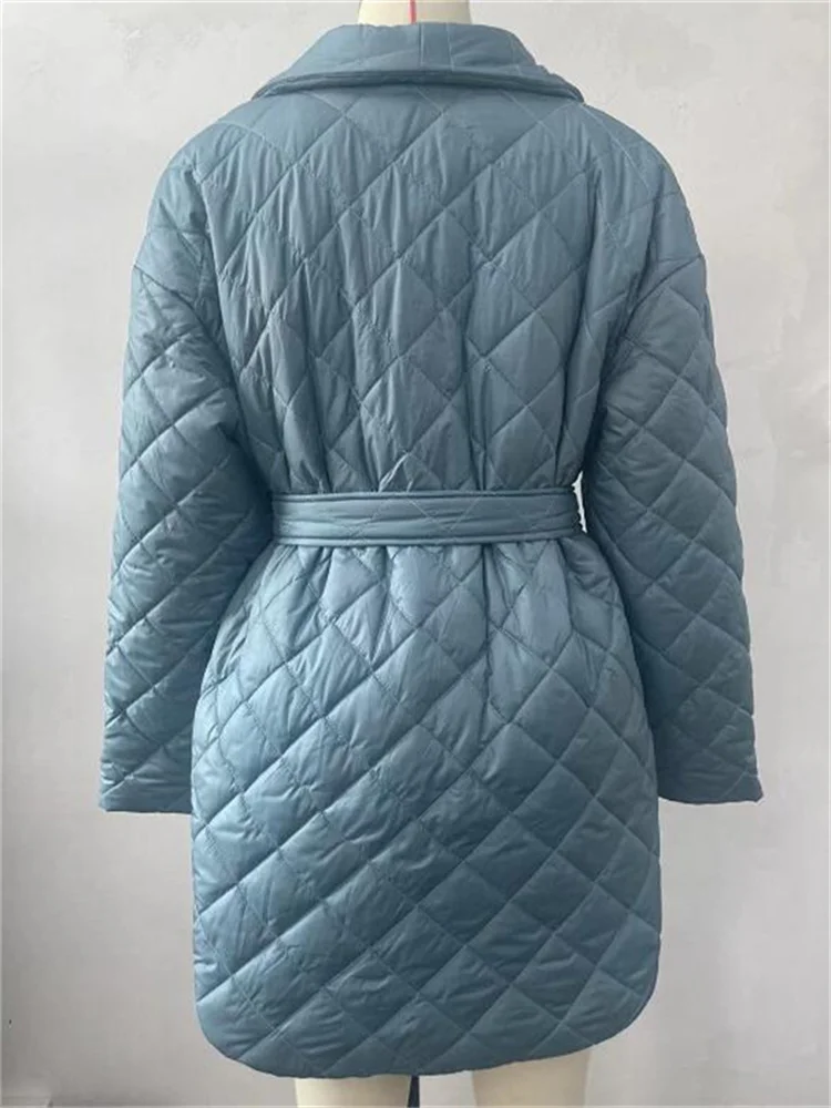 Argyle Long Cotton-padded Parkas Women Belted Thick Warm Winter Jacket Female Casual Solid Coats Female 2023 Overcoat