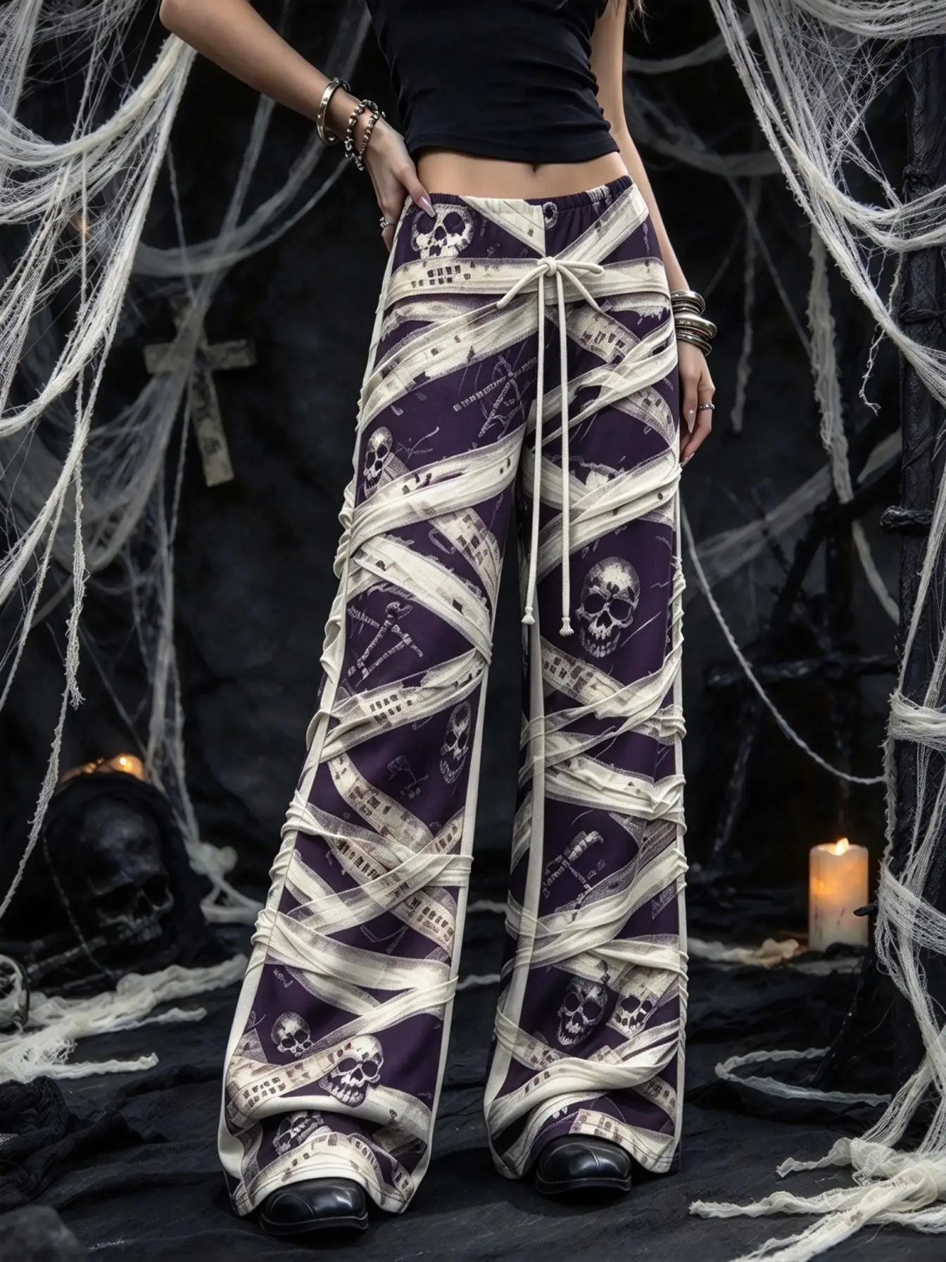 Women Low Waist Loose Wide Leg Trousers Gothic Mummy Bandage Skull Skeleton Print Drawstring Halloween Pants