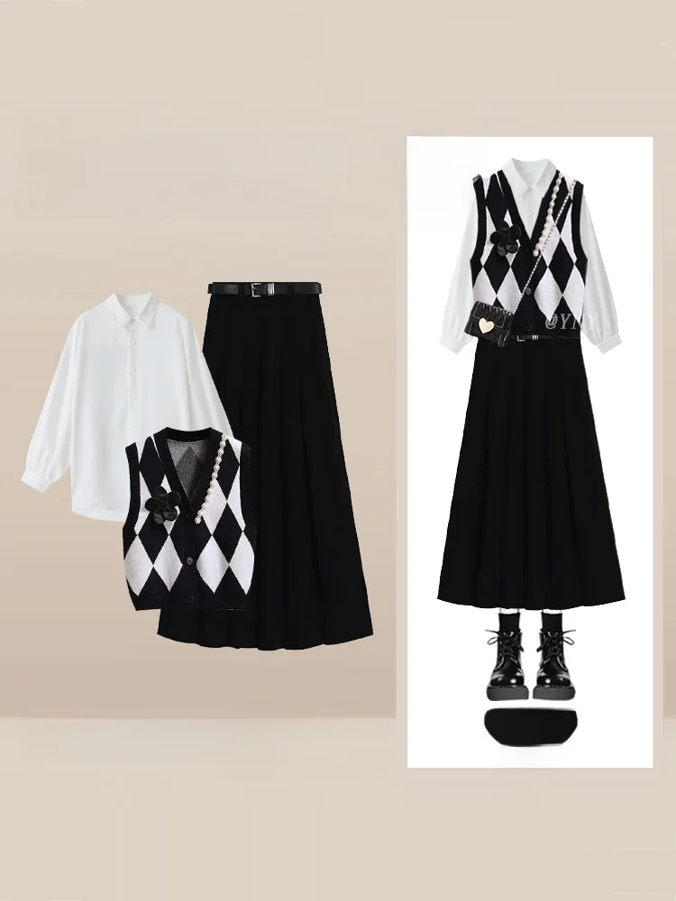 

Sweet Preppy Sle Knitted Sweater Vest Top And Skirt Set Autumn Winter Layering School orm Outfit Women's Faion Ensemble