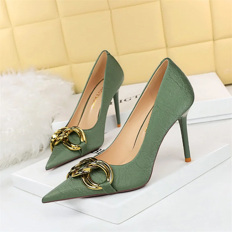 Women Fashion 7.5cm 9.5cm Thin High Heels Shallow Mouth Pointed  Metal Buckle Slim Fit Party Green Office Single Shoes