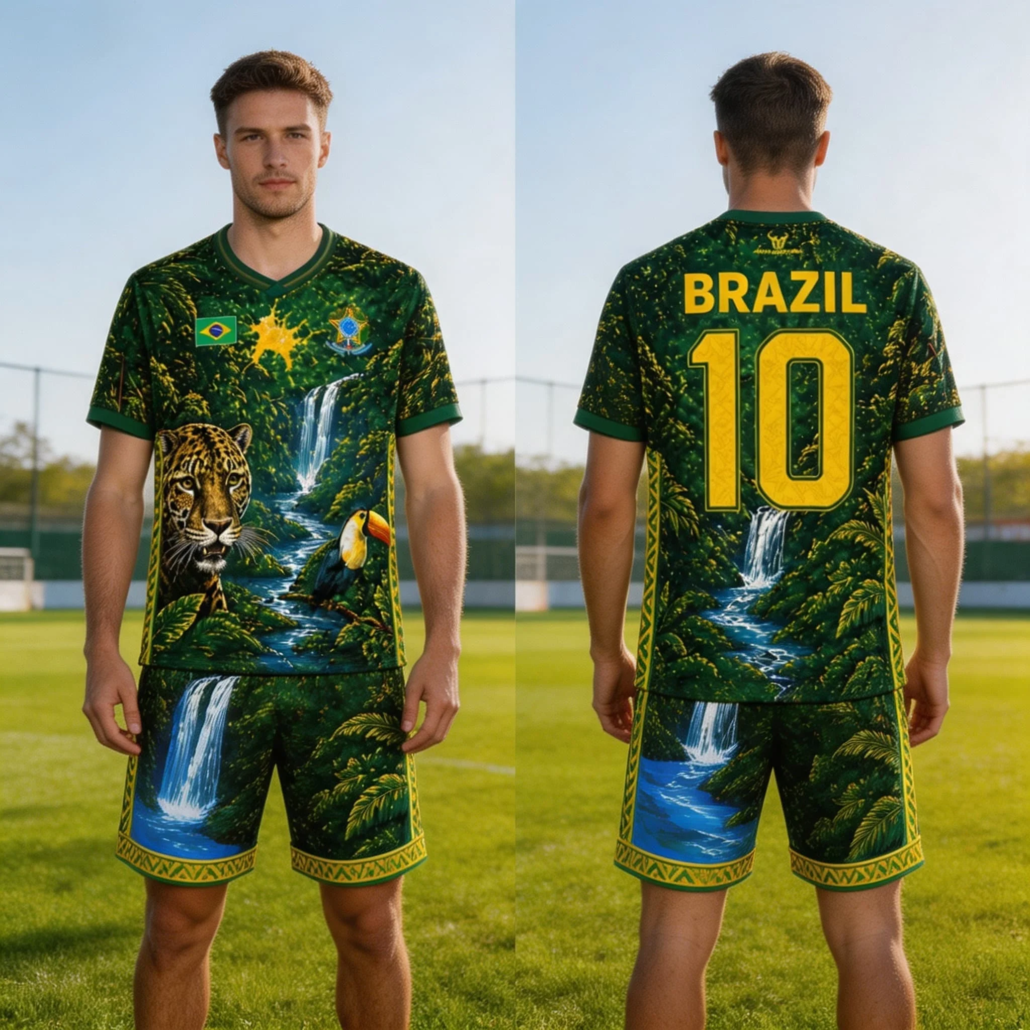 Brazil Style Flag Printed Jesus Graphic Football Women's Suit Tshirt Shorts Unisex Short Sleeve Quick Drying Men's T Shirt Set view 5