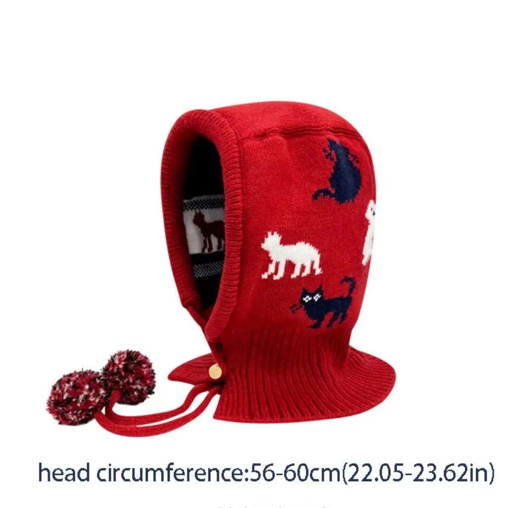 Pullover Mütze Jacquard Sturmhaube Mütze Rotes Kätzchen Gehörschutz Mütze Hornknopf Beanie Katzenmuster Strickmütze Winter/Herbst