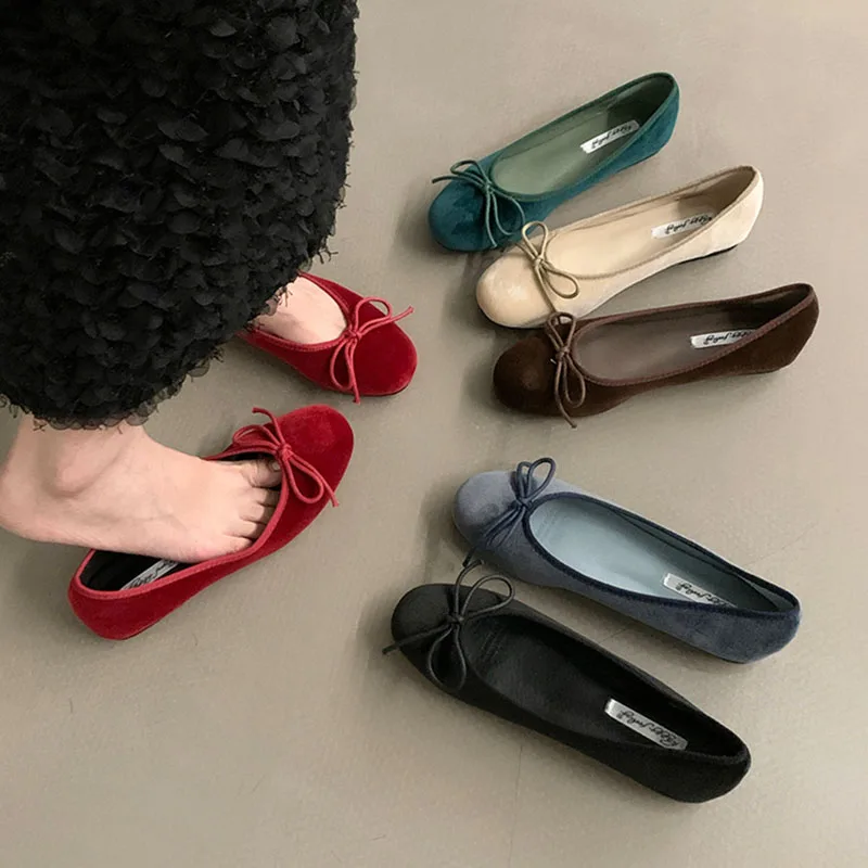 2024 Red Autumn Women Flat Shoes Fashion Bow-knot Round Toe Shallow Slip On Ladies Boat Shoes Soft Flat Heel Dress Ballerinas S