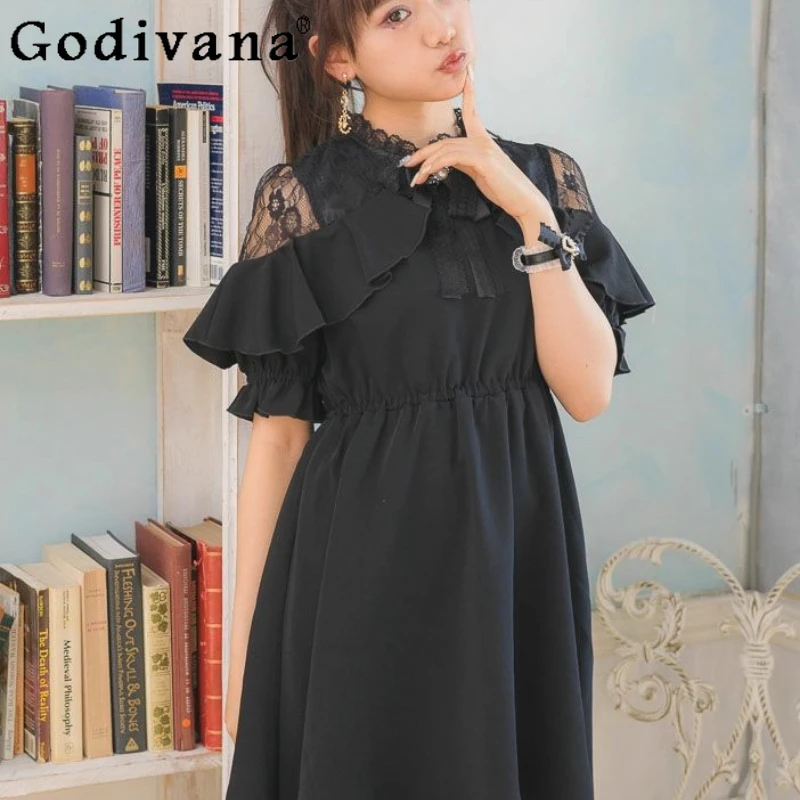 فستان نسائي بياقة الدمية على الطراز الياباني فستان Rojita Princess أسود حلو فستان نسائي صيفي قصير الأكمام بقصة ضيقة مكشكش #6