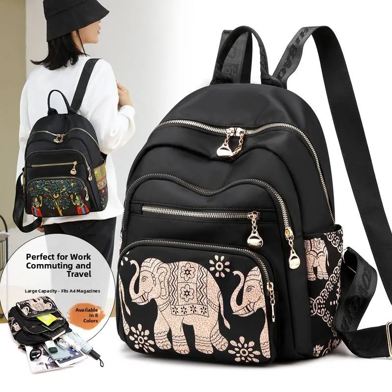 Large Capacity Oxford Cloth Canvas Backpack Women's Travel Fashion Versatile Shoulder Bag Middle-Aged Mom Bag Elephant