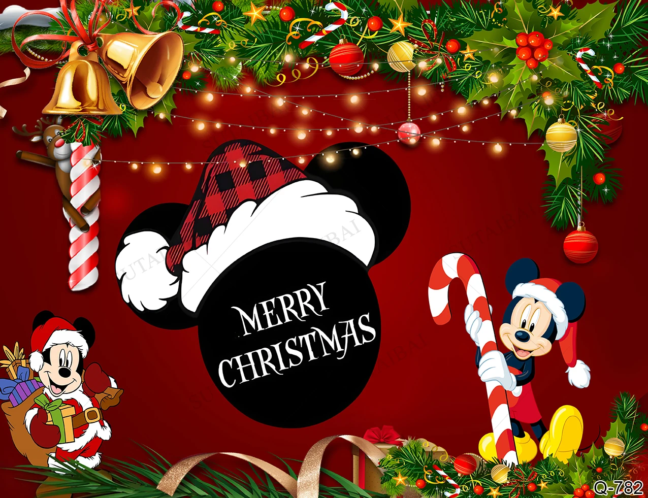 Mickey and Friends Christmas Backdrop Winter Snow Village Glitter Xmas Background Mickey Mouse for Kids Party Christmas Minnie