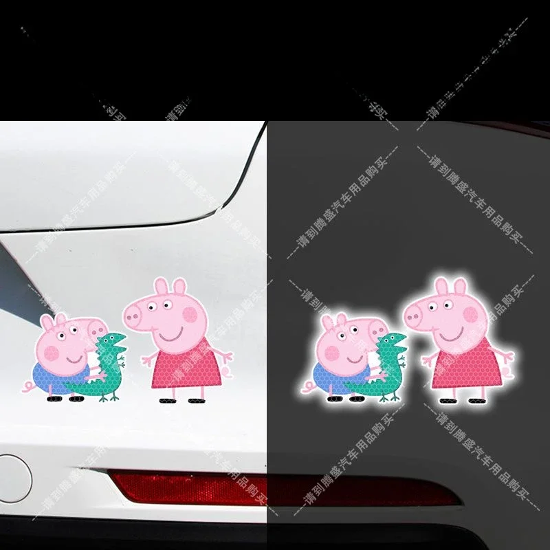 Kawaii Peppa Pig Sticker Cartoon Auto Die Krassen Elektrische Motorfiets Nachtwaarschuwing Reflecterende Decoratieve Sticker