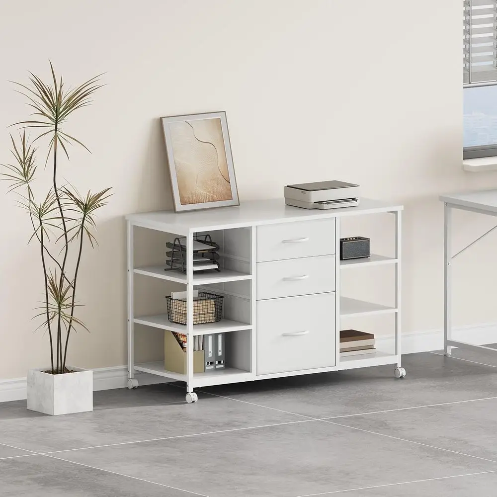 خزانة ملفات جانبية من القماش ذات 3 أدراج باللون الأبيض مع حامل طابعة دوارة و4 أرفف تخزين للمكتب المنزلي