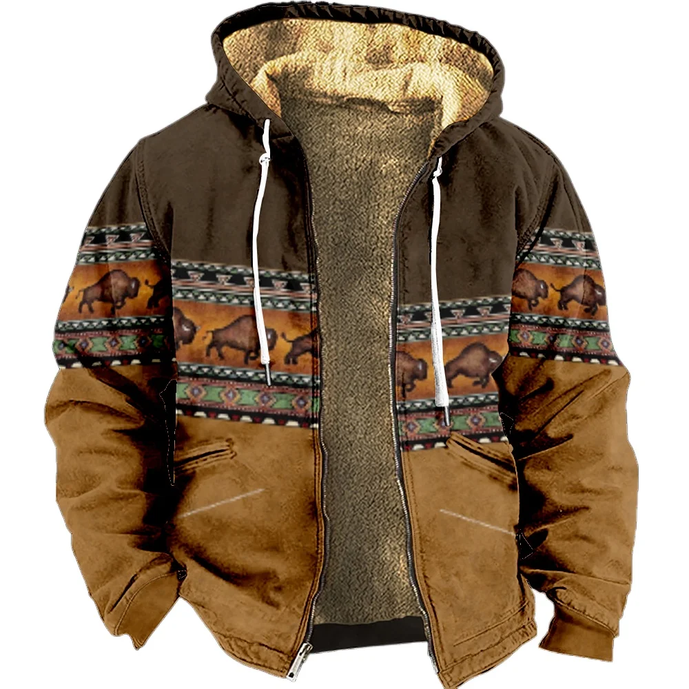 Zipper Hoodies for Men Casual Tribal Graphic Bull Prints Winter Coat Long Sleeve Sweatshirt Casual Hooded Jacket Outerwear