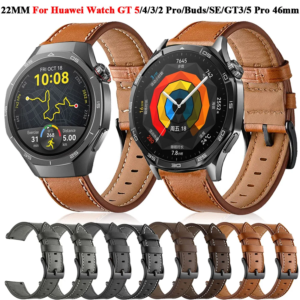 22mm Leather Straps For Huawei Watch GT 5 GT5 46mm Watchbands Bracelet Huawei GT5 Pro 46mm/GT2/3/4 46mm Pro Smartwatch Wristband