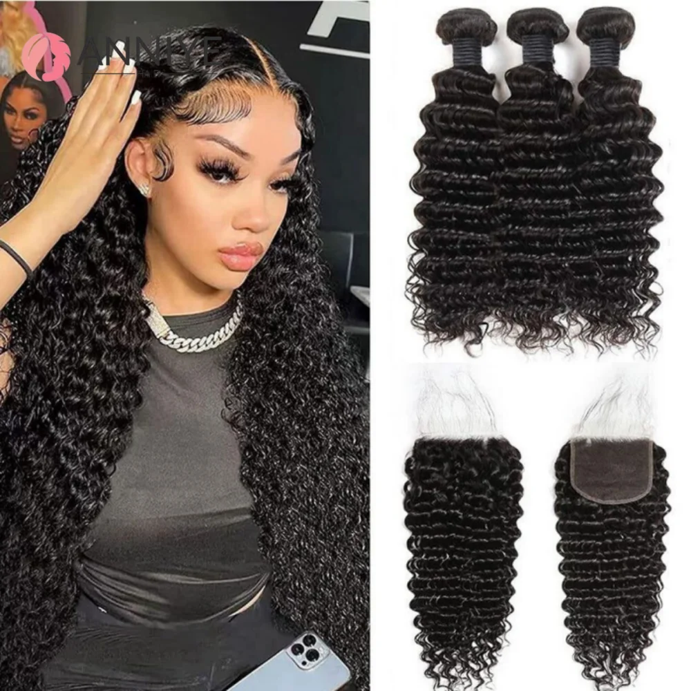 

Deep Wave 3 Bundles With 4x4 Closure Human Hair 3 Bundles With Lace Closure Brazilian Hair Weave Bundles Remy Hair Extension