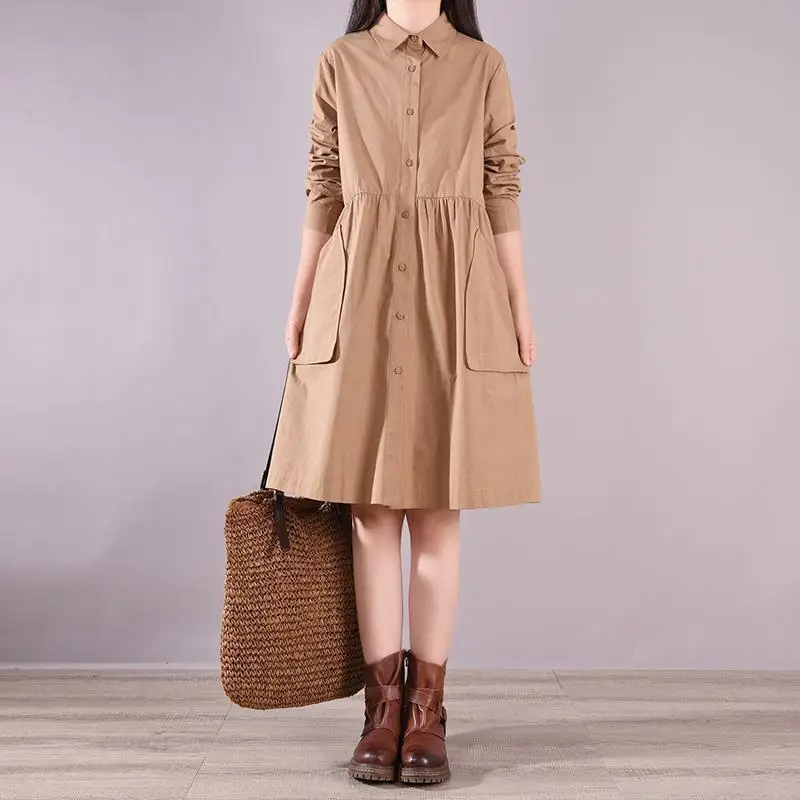 New Pure Cotton A-line Solid Color Single Breasted Pleated Multi Size Mid Length Shirt Dress for Women