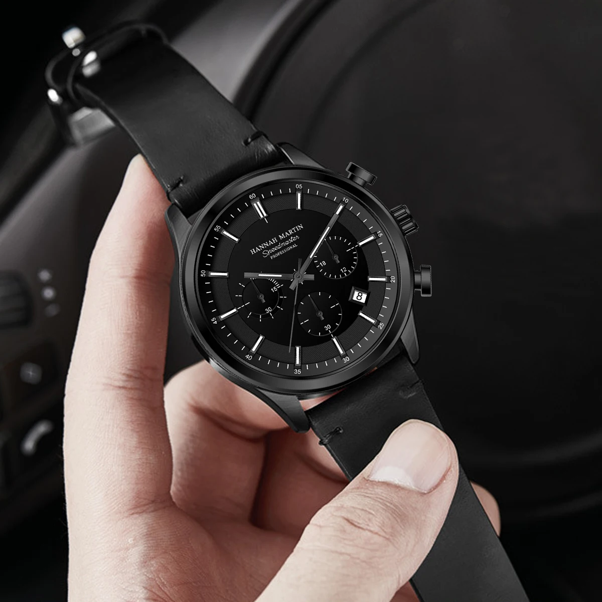 Hannah Martin Men Gift Box Men Watch Black Leather 41mm Business Multifunctional Timing Clock Quartz Movement Sports Men Watches - view 4