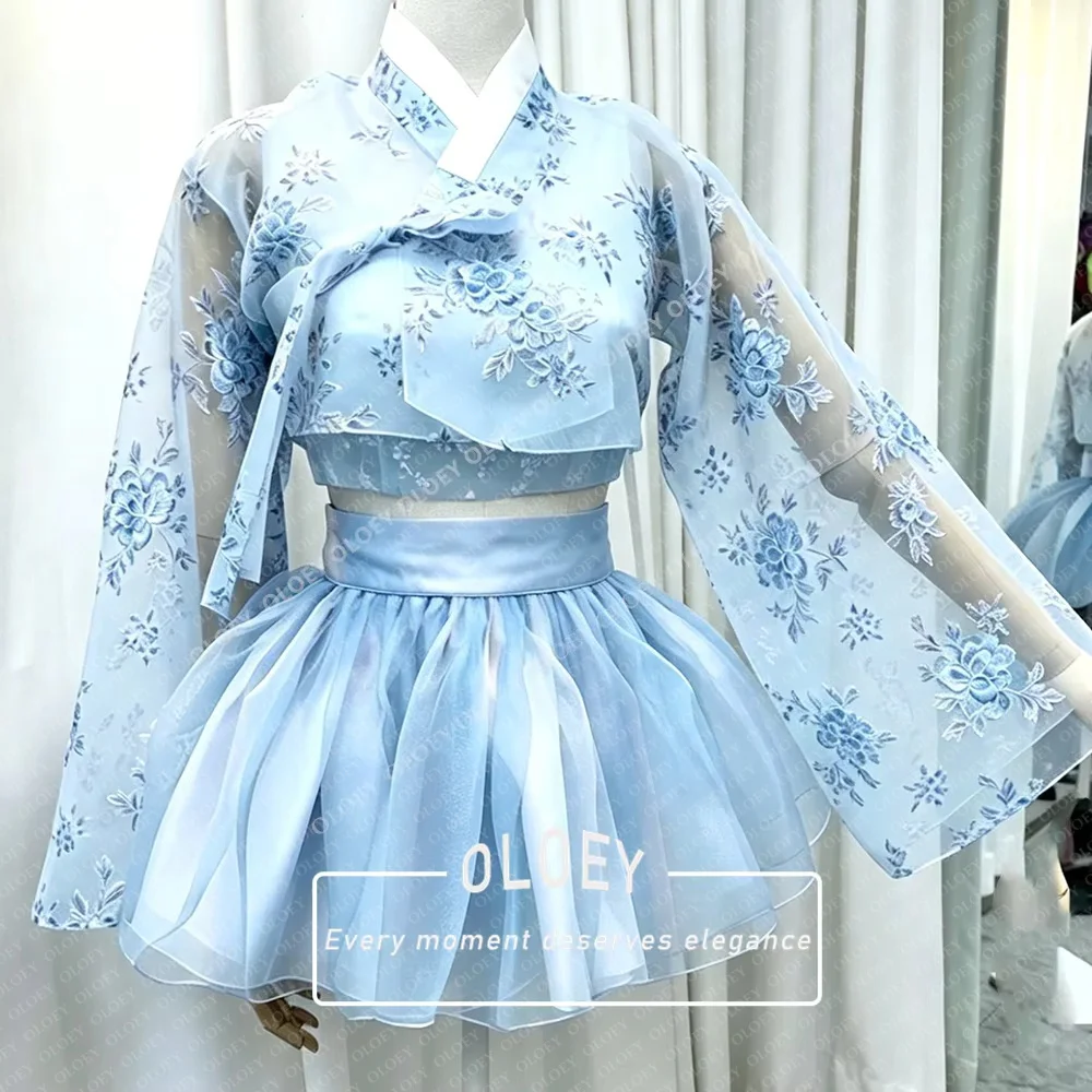 OLOEY Vintage 2026 Short Hanbok 3 PCS Korean Photoshoot Mini Performance Dress Customized Strapless Top Floral Jacket Skirt