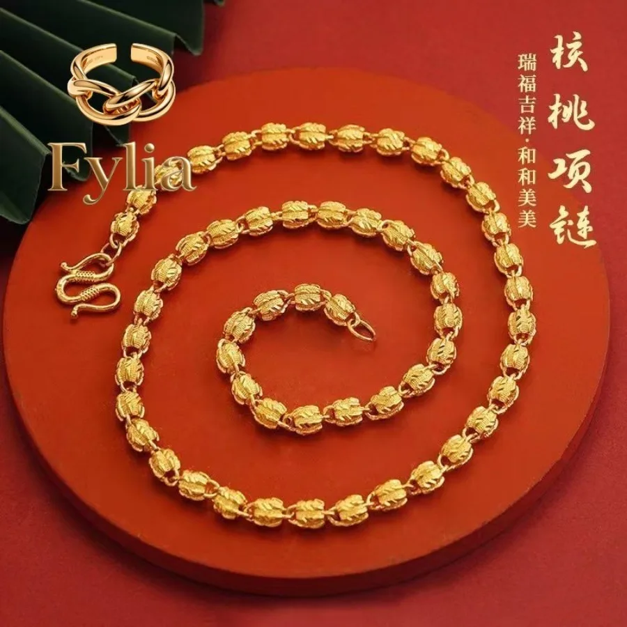 Fylia Jewelry   24K real gold high order new process walnut necklace 9999 pure gold men's overbearing classic pumpkin car flower