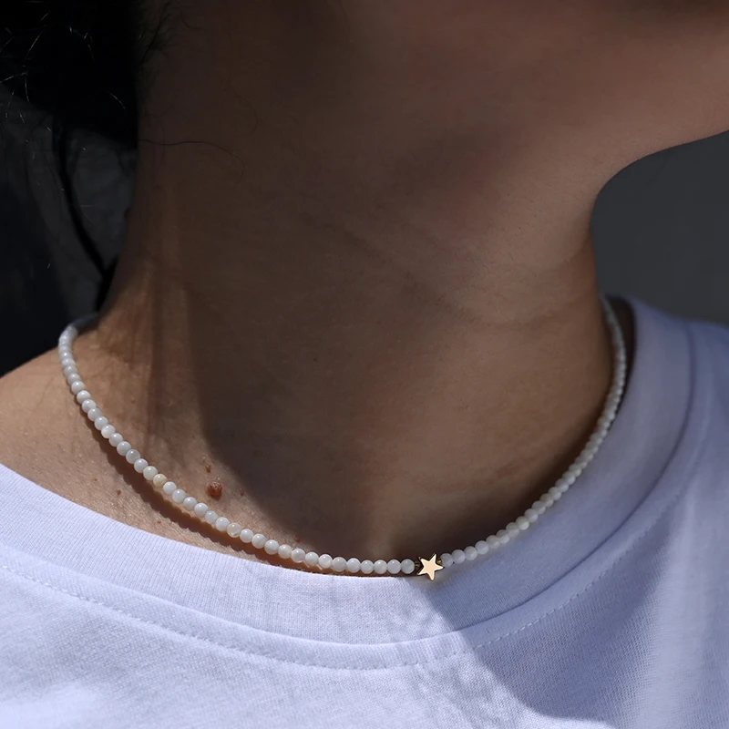الطبيعية شل الخرز القلب المختنق الأزياء الفولاذ المقاوم للصدأ قلادة للنساء النحاس ستار Collares Para Mujer