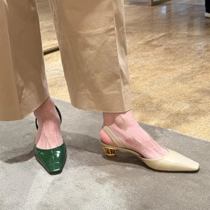 

Fashion Designer Metal Strange Heels Pumps Square Slip-On Solid Color Elegant Sexy Party Concise Women Shoes Rear Trip Strap Sho