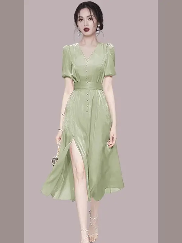 Elegant A-Line Chiffon Dress Fashionable Spring Season High Waist Design Short Sleeve V-Neck Commute Style Women's Dress